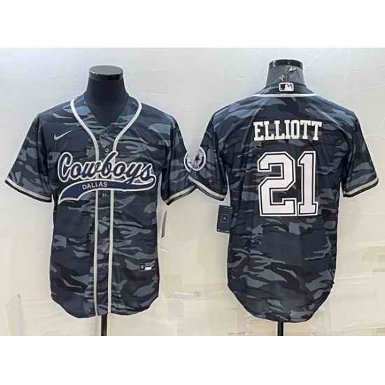 Men Dallas Cowboys 21 Ezekiel Elliott Grey Camo With Patch Cool Base Stitched Baseball Jersey